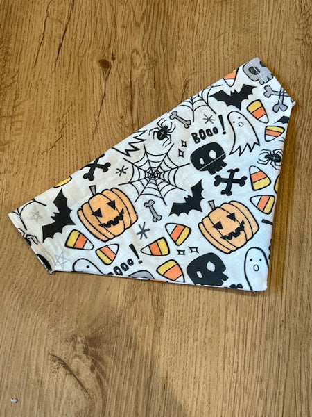 ghosts, black bats, candy corn, spider webs on white halloween dog bandana