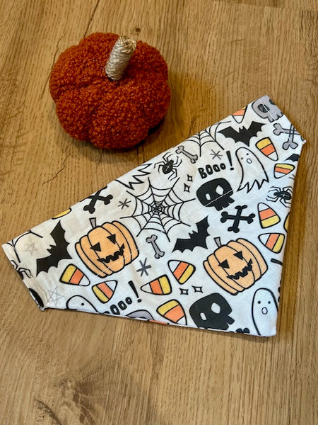 ghosts, black bats, candy corn, spider webs on white dog bandana