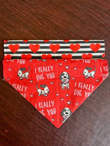 red reversible Valentine's Day bandana.