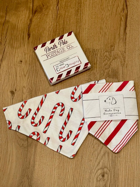 Dog bandana with candy cane design and 'North Pole Postage Co.' packaging on a wooden surface
