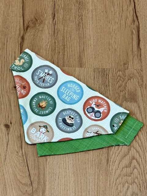 olive green dong bandana with subtle camping scout motifs